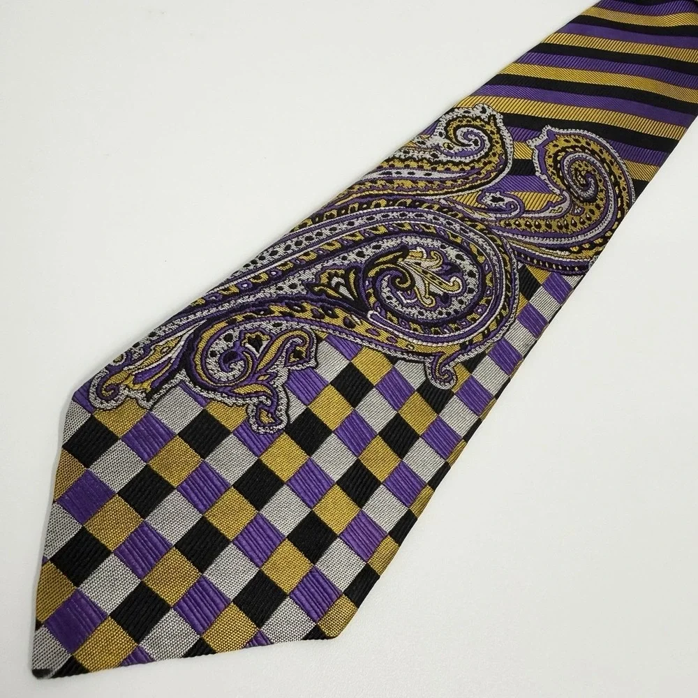Gianni Versace Men's Vtg Tie Purple/Gold Harlequin Check Paisley Silk 3.5